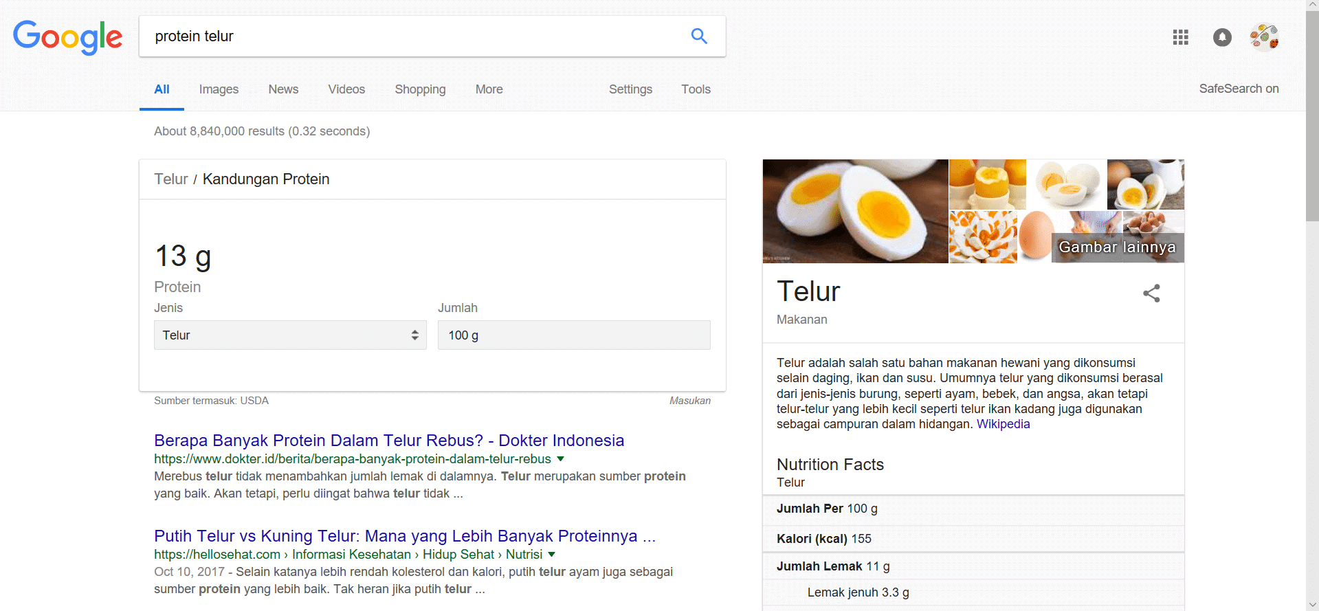 Penggunaan Google untuk menyusun menu