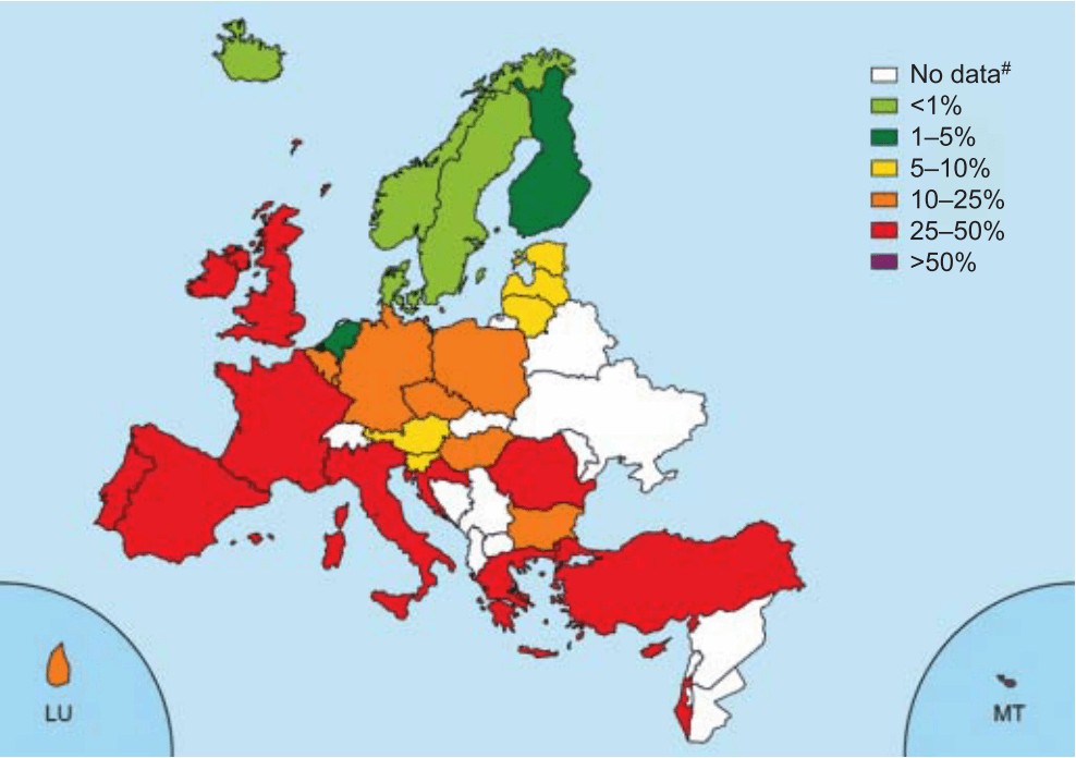 Peta sebaran proporsi MRSA di Eropa
